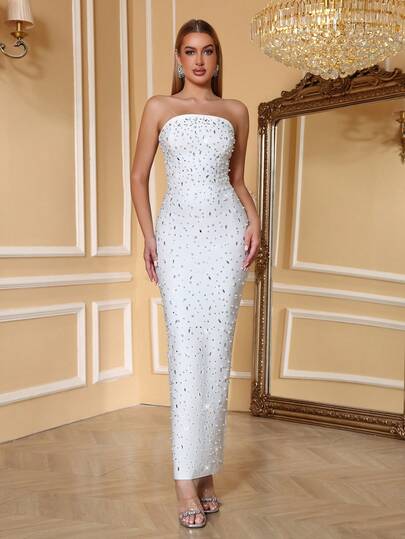  Đầm dạ hội Love Aing mùa hè màu trắng thủ công đính cườm, không tay, cổ yếm, thanh lịch, gợi cảm, quyến rũ, ôm sát cơ thể, thích hợp cho đám cưới mùa xuân.