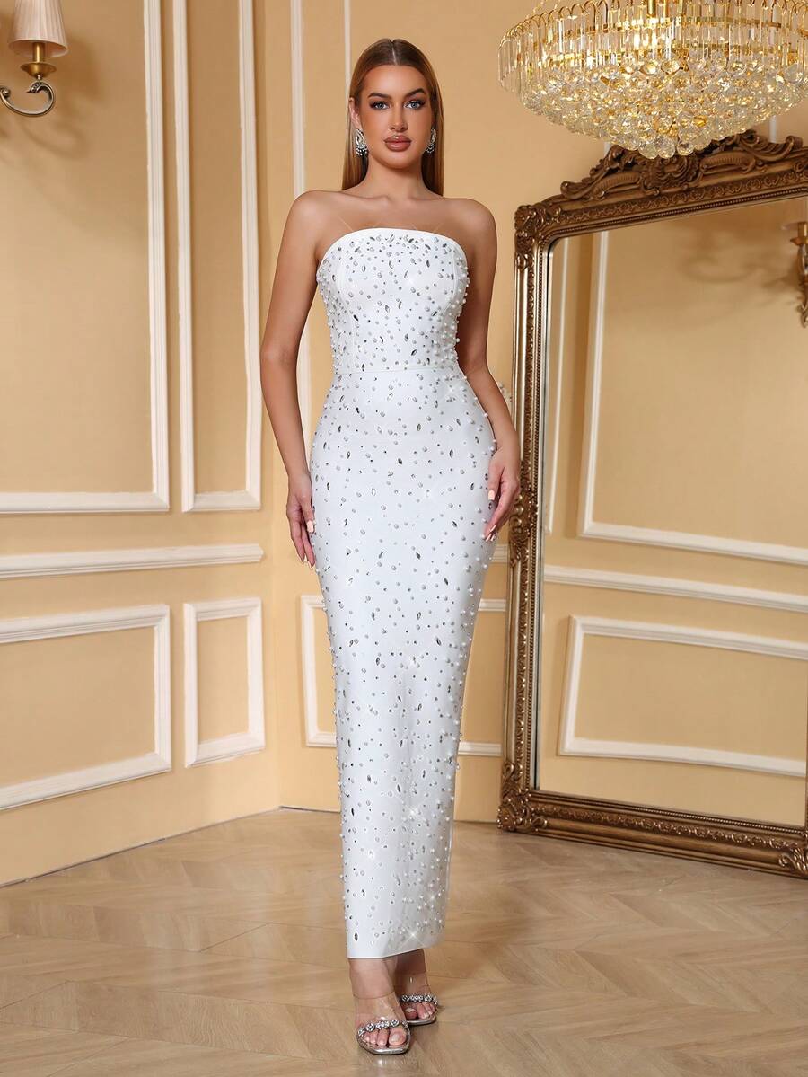 Đầm dạ hội Love Aing mùa hè màu trắng thủ công đính cườm, không tay, cổ yếm, thanh lịch, gợi cảm, quyến rũ, ôm sát cơ thể, thích hợp cho đám cưới mùa xuân.