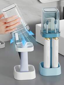 Adjustable Height Toothbrush Cup With Dust Cover, Bathroom Rinse Cup With Drainage And Storage Function, Suitable For Toothpaste, Electric Toothbrush, Bathroom, Kitchen, School, Unisex - Divided - View 5