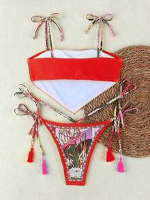 Bộ bikini buộc dây kiểu Bohemian mới, họa tiết hoa đỏ, đồ bơi thanh lịch, gợi cảm, thoải mái với họa tiết hoa rực rỡ và viền tương phản, bộ bikini dự tiệc đi biển. - Nhiều màu - Xem 3