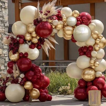 148pcs Burgundy & Gold Balloon Arch Kit, Double-Layer Burgundy & Metallic Gold Latex Balloons, Suitable For Valentine's Day, Wedding, Anniversary, Baby Shower, Birthday Party Decoration