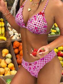 2 piezas Traje de baño casual para mujer con estampado de cuadros y volantes con moño rojo - Rosa rosa - Ver 16