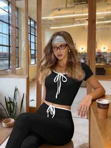 TCVC Women's Fashion Contrast Color Soft & Stretchy Short Sleeve Pants Casual Sports Suit Black Summer - Black - View 4