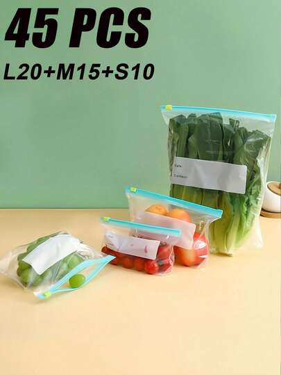 45/1 pieza Bolsas reutilizables y herméticas para almacenamiento de alimentos (20 grandes + 15 medianas + 10 pequeñas), bolsas congeladoras gruesas, aptas para microondas, de color azul, para la conservación y organización de alimentos a largo plazo, bolsas con cierre de cremallera de PE transparente, adecuadas para la categorización de alimentos de cocina y el almacenamiento de aperitivos