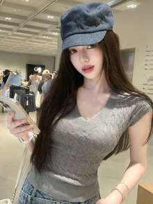 新款春夏休闲V领扭结修身灰色针织短袖上衣 - 花灰色 - 查看 3