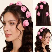 1/10 PCS Heatless Hair Curlers, For All Hair Types, Manual Mushroom Bell Curls-No Heat Styling Perm Rods / Small & Large Silicone Rollers, Easy DIY Curling Tool (Pink) - Multicolor - View 2