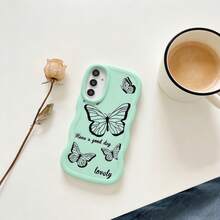 1pc Camera Hole Full Protection; Wavy Texture Comfortable Grip; Matte Anti-Slip Anti-Dirt; Cute Butterfly Pattern; Soft Case Material Compatible With IPhone 7/8/X/XR/XS Max/11/12/13/14/15/16/17 Pro Max, A14/A15/A16/A17/A04/A05/A06/A07/A54/A55/A56/A34/A35A/36/S25/S25Plus/S25Ultra, A54, Moto G13/14/15 Soft Full Coverage Phone Case - Wavy Green - View 2
