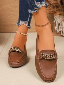 2026 New Metal Chain Loafers, Solid Color PU Leather Casual Shoes, Versatile For Indoor And Outdoor Commuting - Brown - View 5
