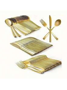 10/25/50/100/150pcs Gold Cutlery Set, Suitable For Outdoor Activities, Family Gatherings, Birthday, Wedding, Back To School Gifts - Gold - View 12