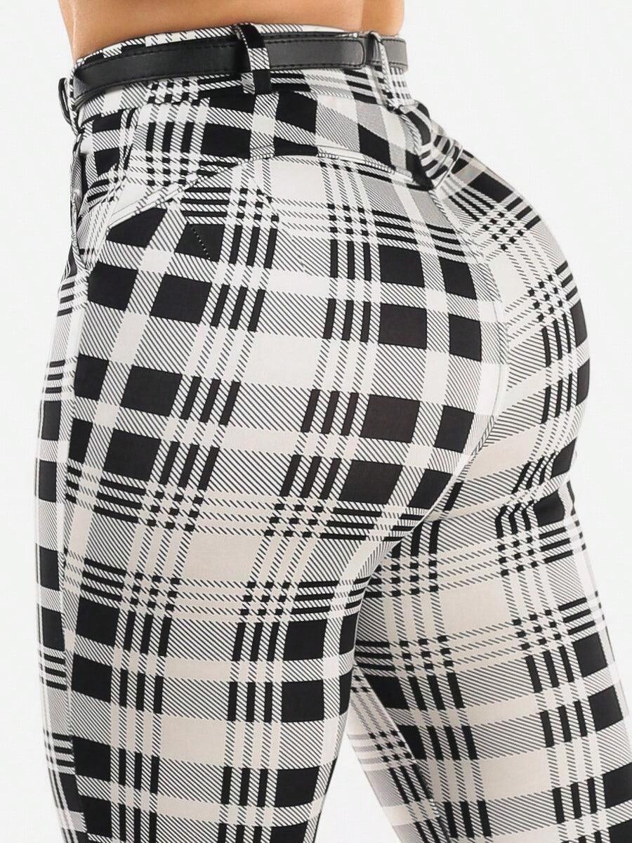Butt Lift Stretchy Plaid Skinny Ankle Pants White & Black - Nhiều màu - Xem 1