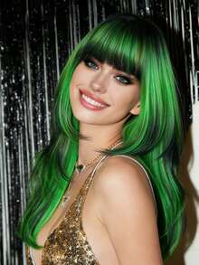 22Inch Natural Long Wavy Green Hair Wigs Black Highlights With Bangs Synthetic Hair Replacement Wigs For Party Cosplay Festival Ready Use - Green Highlight - View 5