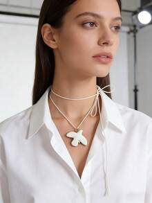 120cm Adjustable Rope Chain Ceramic White Dove Necklace, Women's Stainless Steel Pearl Beaded Long Necklace, Party Accessories - White - View 5