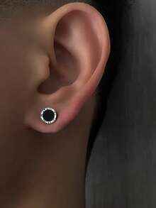 1 Pair S925 Sterling Silver Asymmetrical Black Stud Earrings, Minimalist Versatile Fashion Earrings For Men & Women, Unique Luxury Gift - Round - View 2