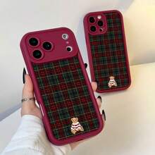 1pc Retro Plaid Teddy Bear Pattern TPU Phone Case - Burgundy - View 5