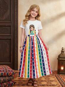 2pcs/Set Girls Cartoon Character Print Short Sleeve T-Shirt & Mini Skirt Outfit - White - View 1