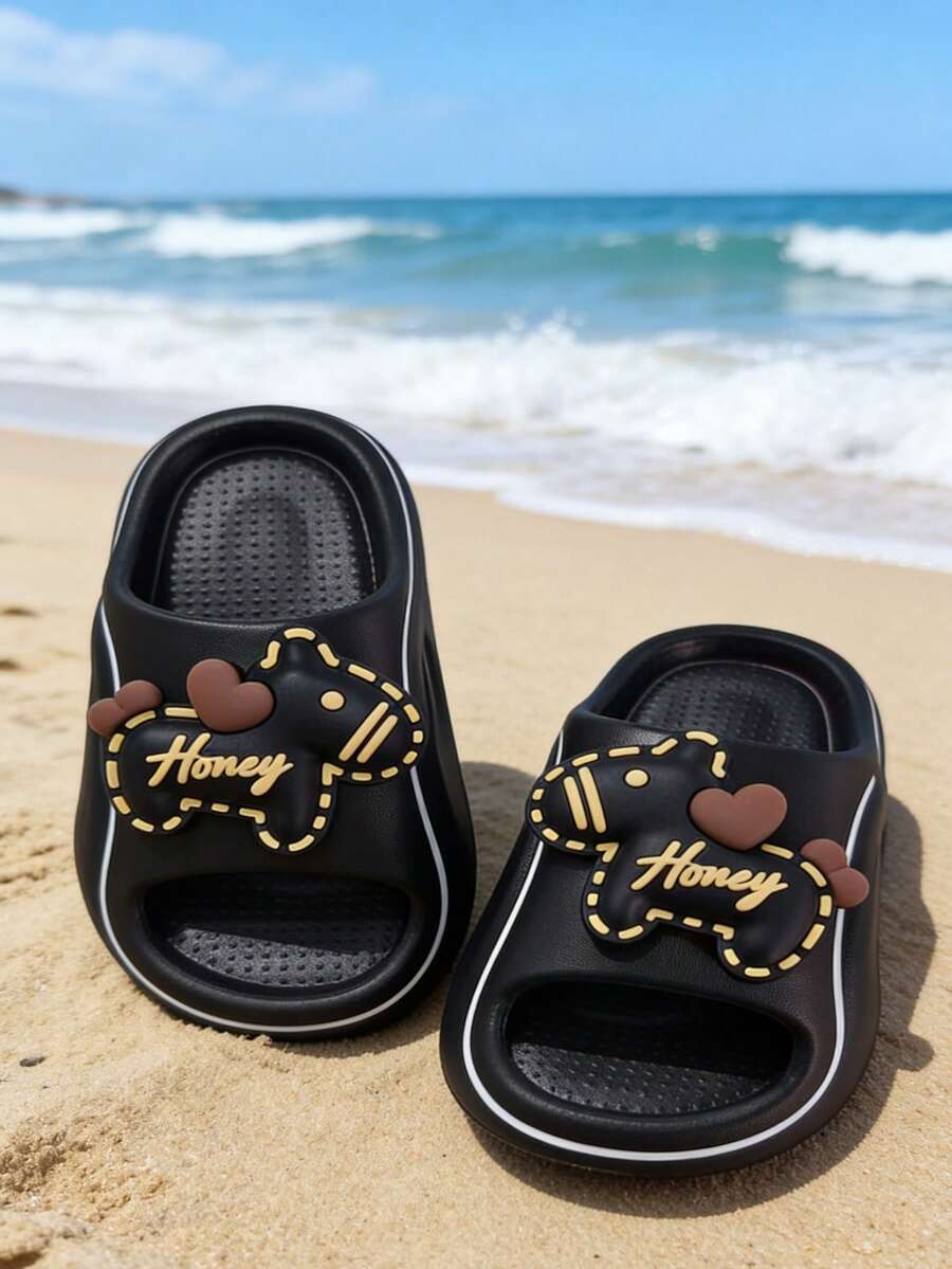 1 Pair Summer Kids Slippers, Soft EVA Material, Cute Cartoon Style Sandals, Suitable For Beach, Daily Wear, Shower - Black - View 1