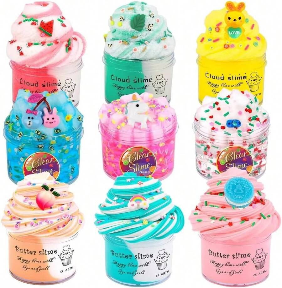 9 Pack Slime Kit Box Including Butter Cloud Slime Girls Boys, Party Favors Non-Sticky Stress Relief Toy Kids,Birthday,Party Gifts,Squeeze Toy - 9包裝史萊姆盒 - 查看 1