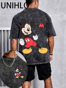 Disney UNIHLO  Mickey    Printed Summer Heavyweight Retro Washed Street Fashion Casual T-Shirt - màu đen - Xem 1