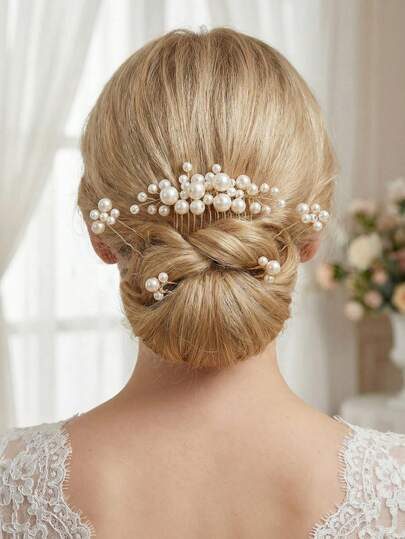 5件套优雅仿珍珠装饰发梳和U型发夹套装，浪漫新娘婚礼派对发饰，女士