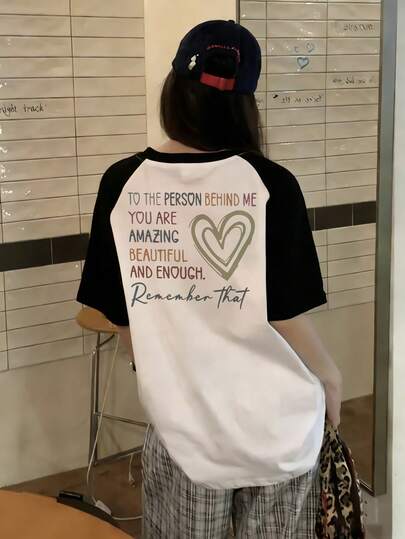 女士撞色圆领休闲字母爱心卡通印花短袖T恤，春夏款