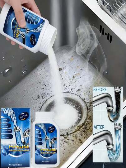 JUE FISH 1pc Multi-Purpose Sink And Drain Cleaner, Designed Specifically To Unclog Clogged Sinks, Drains, Kitchen Pipes And Toilets. Quickly Dissolves Grease, Food, Soap And Hair, Reliable Sink And Toilet Unclogger, Essential Cleaning Product For Daily Cleaning, Kitchen, Bathroom, Laundry, Detergent, Pipe Cleaning Brush, Gas Cleaning Stone, Cleaning