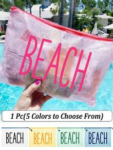 Multi-Color Waterproof Fashion Mesh Fabric Beach Bag, Make Up Bag With Color "Beach"Printing, Beach Theme. Large Capacity Transparent Cosmetic Bag, Toiletry Bag With Nylon Zipper - Lightweight, Storing Sunscreen, Snacks, Bikinis, And Beach Essentials. Spring And Summer Storage, Durable, Very Suitable For Swimming - MultiWarna - View 2