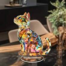 2D亚克力猫咪摆件，彩色水晶图案猫咪雕塑，桌面摆件，家居客厅餐桌装饰，可爱动物摆件，彩虹艺术饰品，送给爱猫人士的礼物 - A - 查看 4
