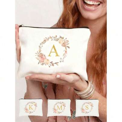 1pc Portable, Stylish, Capacity Makeup Bag,Personalized Flower Golden Letter Printed Canvas Toiletry Bag, Travel Makeup Storage Bag, Toiletry Bag Organizing Bag, Suitable For Toiletries, Cosmetics, Makeup Brushes, Accessories, Travel, Home Storage, Travel Essentials, Dormitory Supplies, Wedding Bride Gifts, Mother Gifts, Best Friend Gifts, Birthday Gifts, Souvenirs, Home Storage Essentials, Can Be Used In The Bathroom, Living Room Or Bedroom