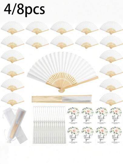 4/8pcs Bohemian Bamboo Wedding Fans With Thank You Cards, Tassels & Gift Bags Suitable For Wedding Guest Favors,Wedding Bridal Hand Fan And Fan Storage Bag,Wedding Fans, Hand-Painted Diy Folding Fans, Solid Color Paper Fans,Hand Fan For Women, Bridal Shower Party Decorations, Stacked Handheld Cooling Blowers For Ceremonies, Tournaments,Engagements, Bride And Bridesmaid Gifts,Valentine's Day