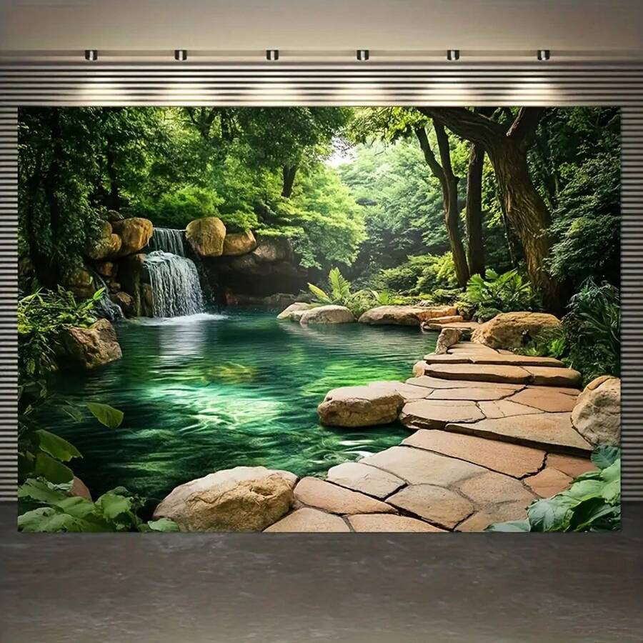 2D Door Curtain Tapestry, 3D Forest Pond Landscape Tapestry – Vibrant Wall Art Adorned With Greenery, Stone Paths, And Waterfalls, Suitable Living Room, Bedroom, Or Outdoor Decoration, Outdoor|Luxurious Style|Immersive Decoration, Courtyard Art - 彩色 - 查看 1