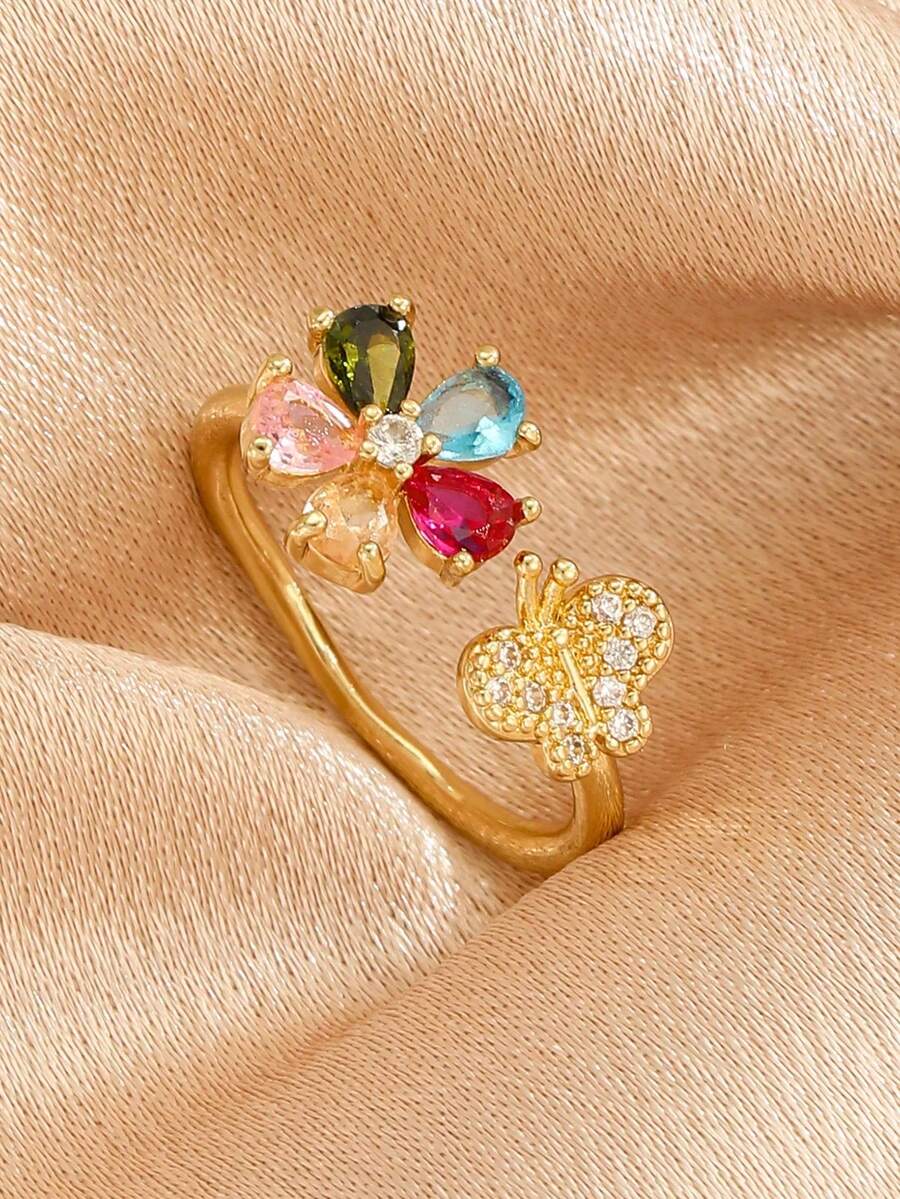 1pc Casual, Interesting, Elegant, Luxurious Gold Stainless Steel Small Flower Butterfly Zirconia Ring Set, Suitable For Children, Students, Decoration, Party, Holiday Gift - Gold - View 1