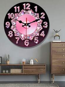 1pc Pink Diamond & Pearl Holographic Luxury Silent Wall Clock - Suitable For Home & Office, New Year & Valentine's Day Gift - Wooden Frame, 2D Flat Design - Multicolor - View 2