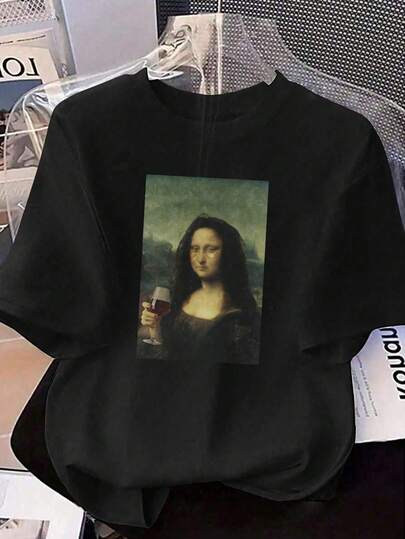 大码趣味蒙娜丽莎葡萄酒印花T恤 女款休闲大码黑色夏季T恤