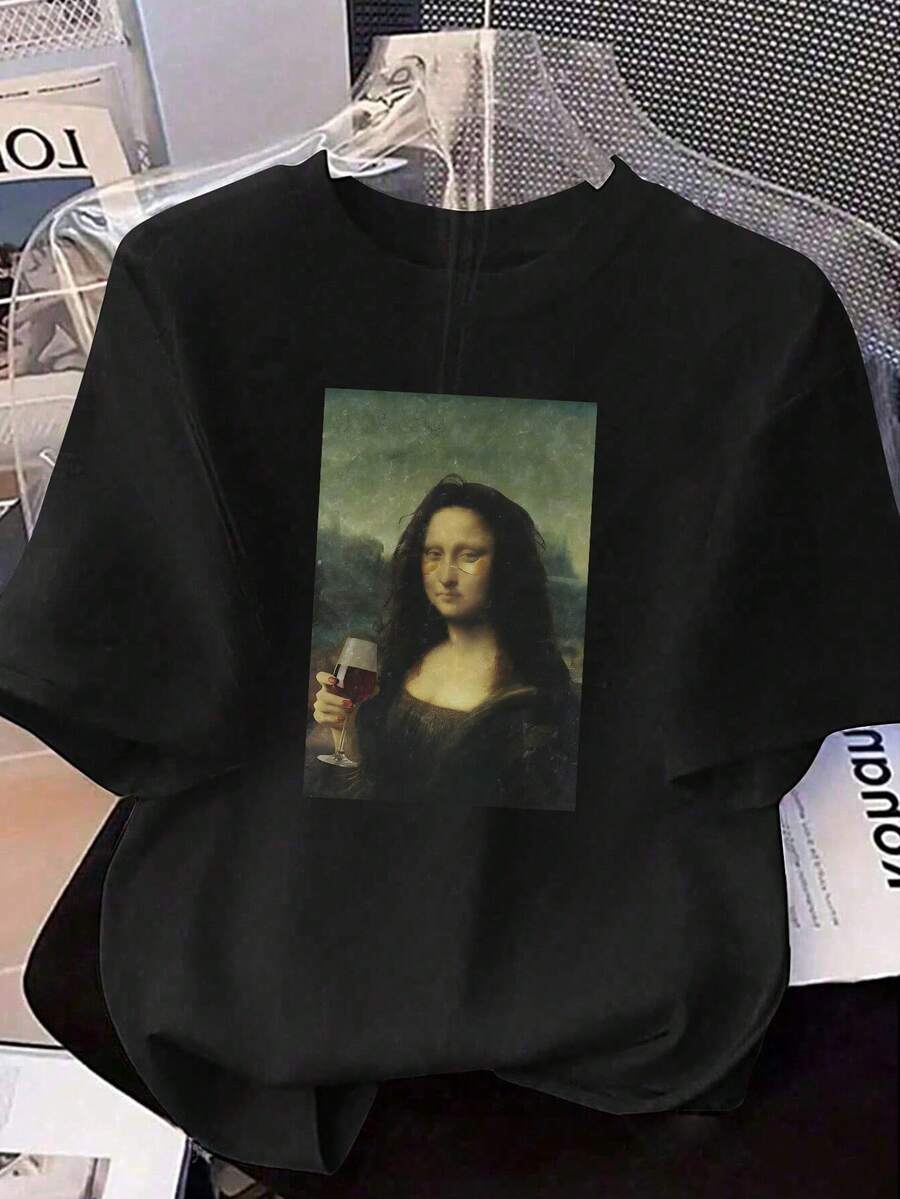 Áo thun đen dáng rộng dành cho nữ cỡ lớn in hình Mona Lisa và ly rượu vang, kiểu dáng thường ngày, thích hợp cho mùa hè. - màu đen - Xem 1