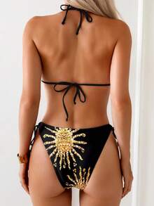 一套女士挂脖印花比基尼两件式泳衣，时尚沙滩度假泳装 - 黑色 - 查看 2