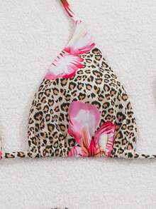 Women's Vacation Beach Leopard Floral Print Halter Bikini Set With Coverup And Skirt, 3-Piece Set Summer - Light Brown - View 10