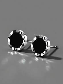1 Pair S925 Sterling Silver Asymmetrical Black Stud Earrings, Minimalist Versatile Fashion Earrings For Men & Women, Unique Luxury Gift - Round - View 1