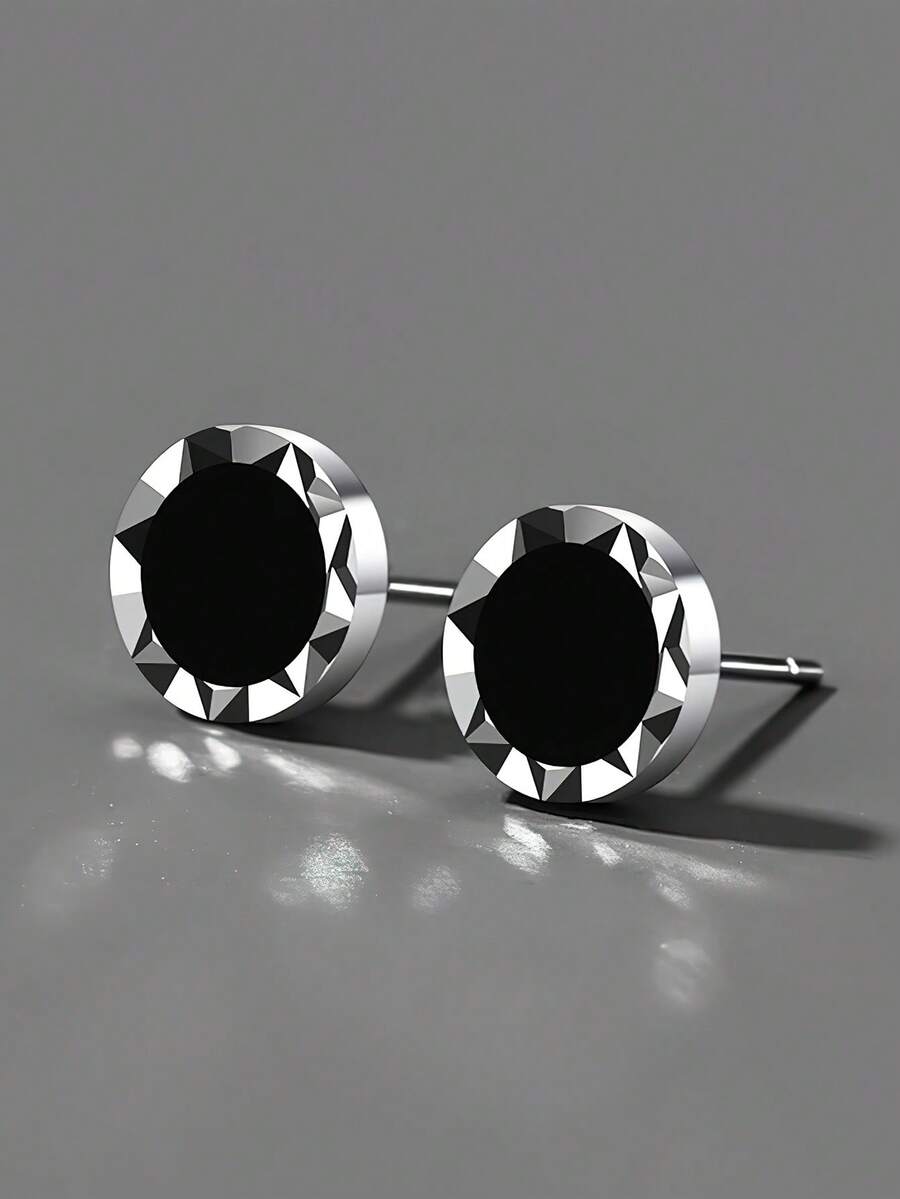 1 Pair S925 Sterling Silver Asymmetrical Black Stud Earrings, Minimalist Versatile Fashion Earrings For Men & Women, Unique Luxury Gift - Round - View 1