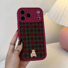 1pc Retro Plaid Teddy Bear Pattern TPU Phone Case - Burgundy - View 1