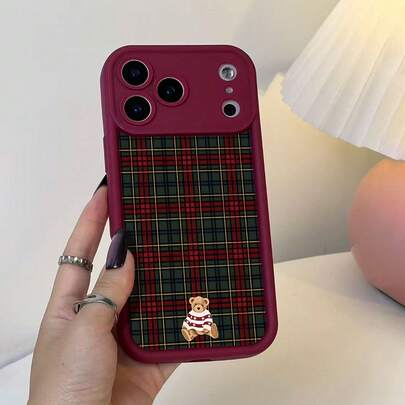1pc Retro Plaid Teddy Bear Pattern TPU Phone Case