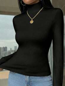 Áo thun nữ cổ cao tay dài, màu trơn, dáng ôm, thích hợp cho mùa xuân/thu/đông, kiểu dáng thường ngày màu đen. - màu đen - Xem 3