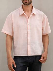 男士休闲街头风短袖纽扣衬衫 - 粉色 - 查看 8