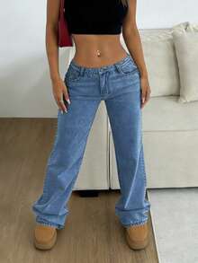 Europe And The United States Explosion Rivet Technology Simple Women's Denim Straight Pants, Fashion Wild Party Loose Denim Trousers, Party Commuting Daily Wear. - 中等水洗藍 - 查看 4