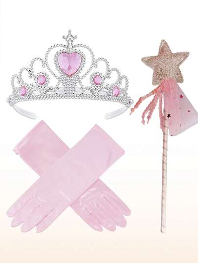 3件套女孩公主服装配饰套装，包括手套、皇冠和魔法棒，适合节日装扮派对