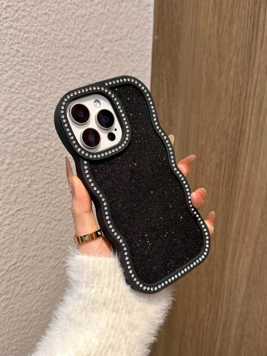 Sequins, Rhinestone 1pc Wavy Glitter + Rhinestone Phone Case Compatible With Iphone 17/17Pro/17Promax/16Promax/16/16Pro/16Plus/15/15Promax/15Pro/11/12/13/14Promax/11Pro/11Promax/12Pro/12Promax/13Pro/13Promax/14Pro/14Promax, Creative Elegant Design - Black - View 1