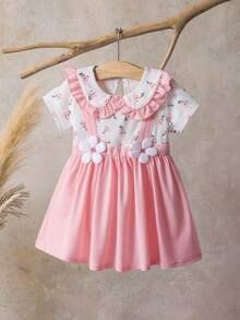 Baby Girls' Pink Floral 2 In 1 Ruffle Hem Sweet Floral Peter Pan Collar Toddler Dress With 3D Flower Decor - Pink - View 3