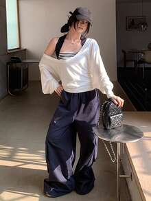 Spring/Summer Navy Blue Loose Straight Leg Casual Pants, Drawstring Waist, Wide Leg, Slimming Pockets, Sports Utility Trousers Winter - Navy Blue - View 6