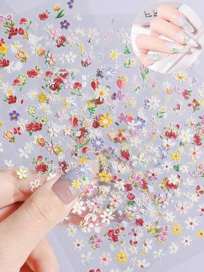 Spring Floral Nail Stckers 5D Embossed Exguisite OI Panting Widlowers Acyke Press Oon Nals Long Lasting Nal Supples For Nal Art DY Decal, Women Beauty Gift Nails