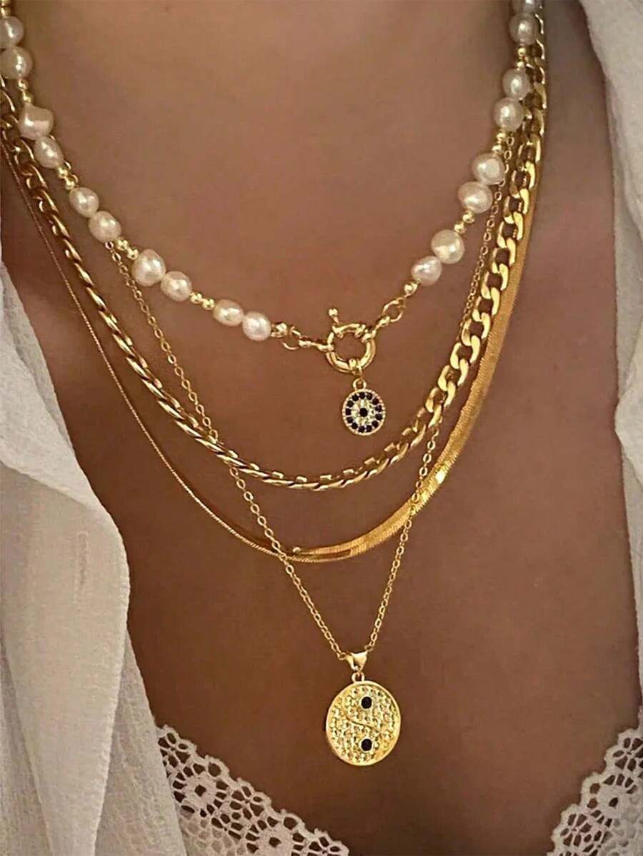 4pcs Fashion Hip Hop Style Round Pendant Pearl Evil Eye Layered Necklace, Suitable For Women's Daily Wear And Holiday Decoration - Gold - View 1