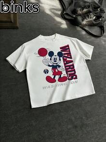 Disney Binks Mickey Mouse, Basketball Cartoon Printed Short Sleeved T-Shirt, A Fashionable And Loose Short Sleeved Street T-Shirt. Spring And Summer Fashionable Versatile Tops, Holiday Gifts, Vintage Prints. - 白色 - 查看 2